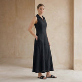 Black Cotton Flax Paneled Sleeveless Maxi Dress