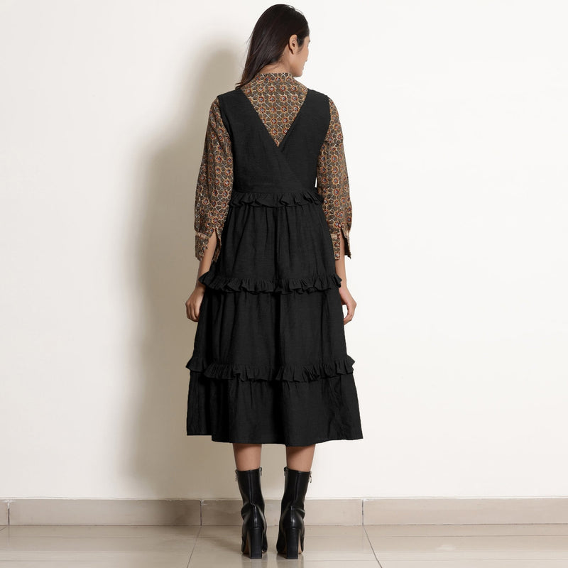 Black Cotton Flax Pinafore Frilled Tier Dress