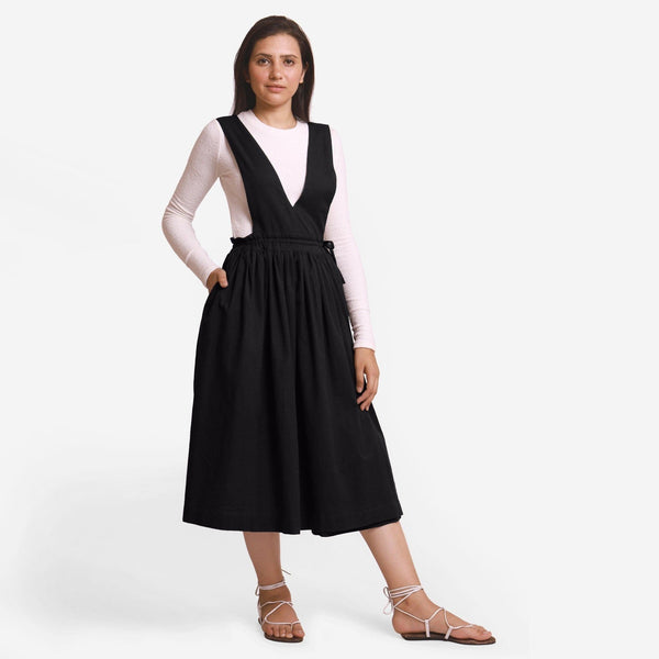 Black Cotton Flax Pinafore Midi Wrap Dress