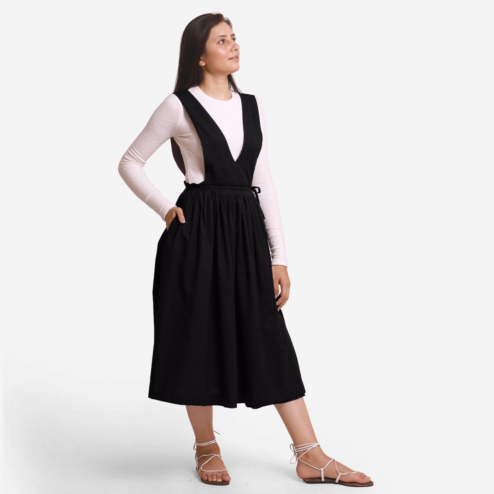 Black Cotton Flax Pinafore Midi Wrap Dress 36