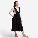 Black Cotton Flax Pinafore Midi Wrap Dress