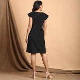 Black Cotton Flax Pleated Cap Sleeves Short Dress