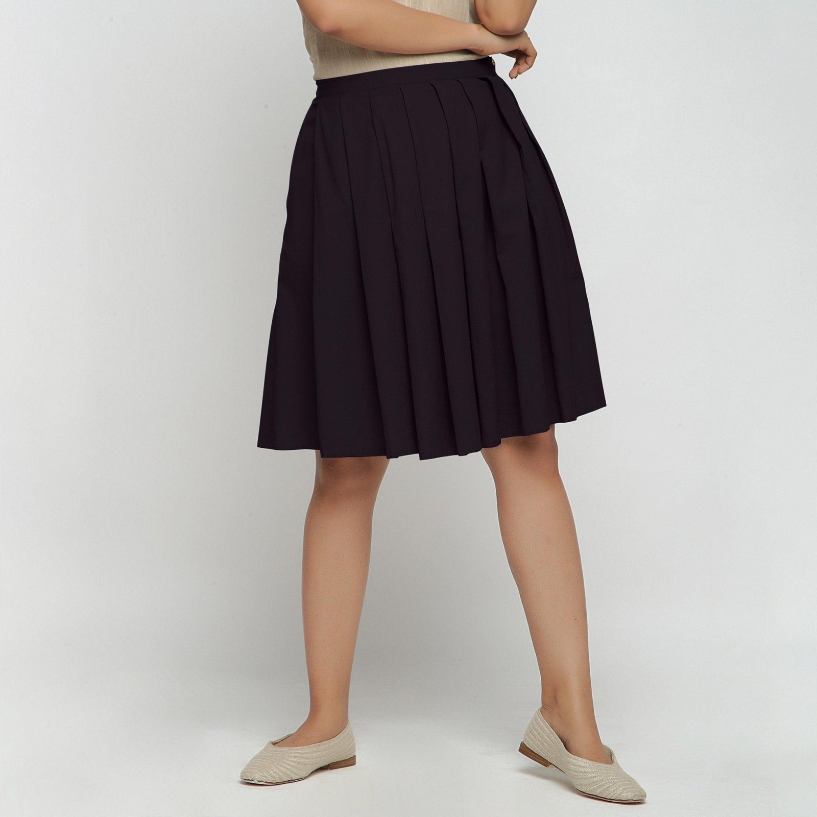 Mid Length Black Skirt Knee Length Pleated Buy Black Cotton Flax
