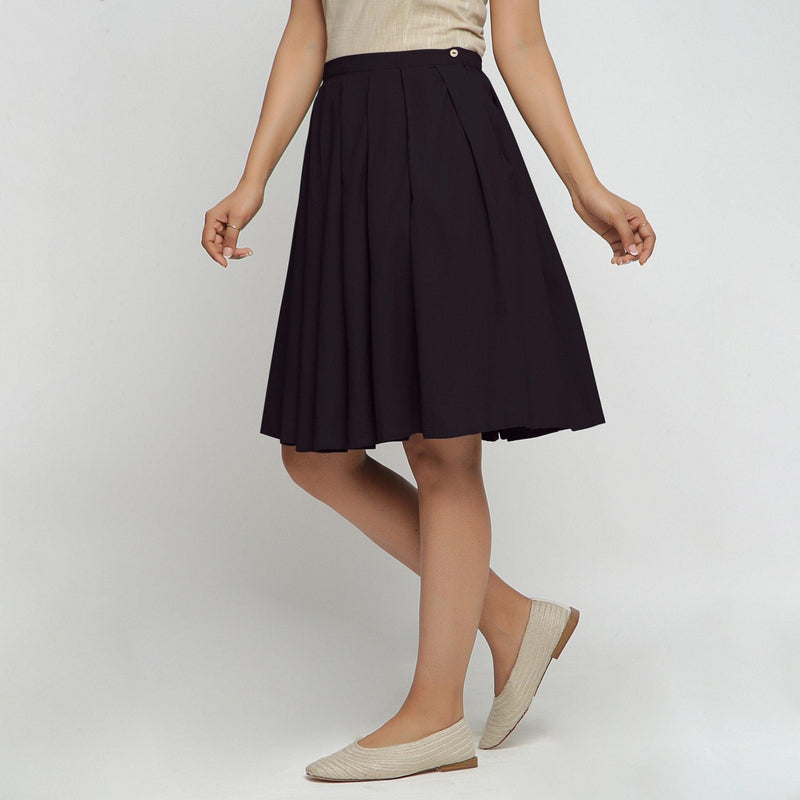 Buy Black Cotton Flax Pleated Knee Length Skirt Online at SeamsFriendly