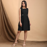 Black Cotton Flax Pleated Square Neck Short Sleeveless Dress