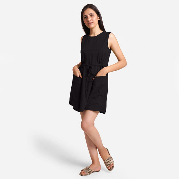 Black Cotton Flax Princess Line Short Dress