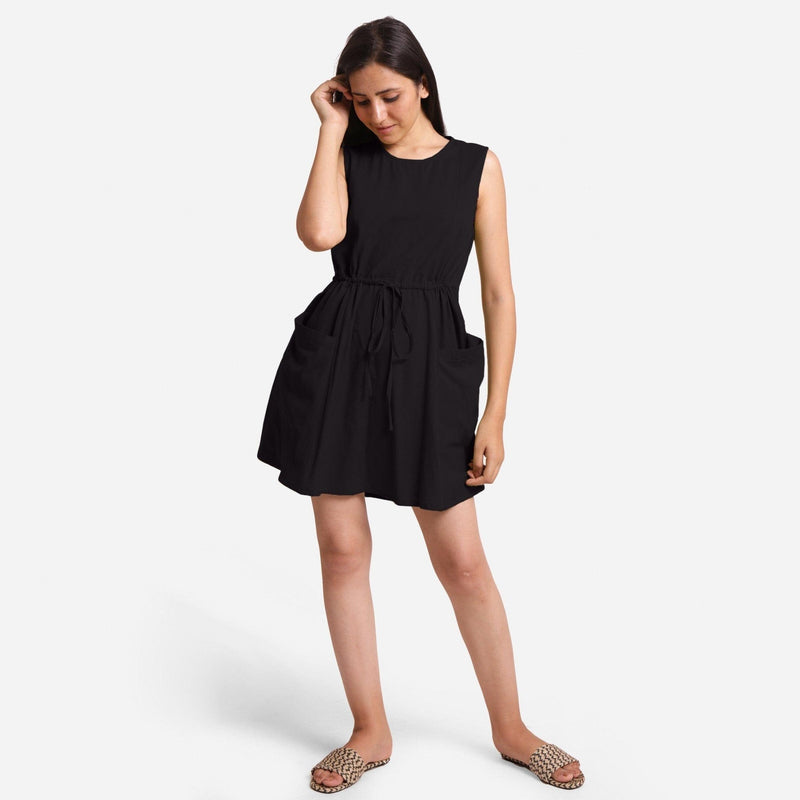 Black Cotton Flax Princess Line Short Dress