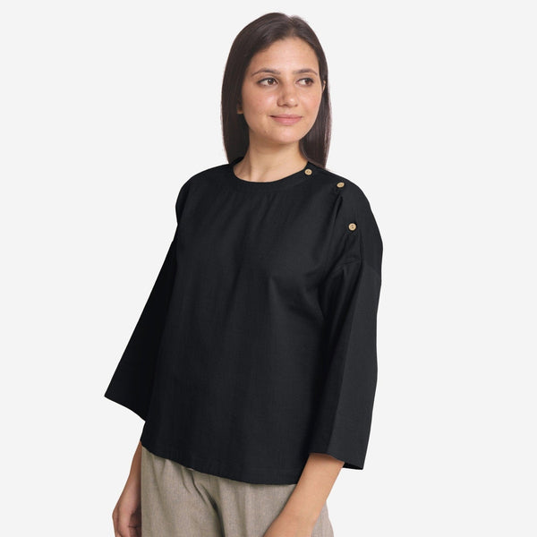 Front View of a Model wearing Black Cotton Flax Flared A-Line Top