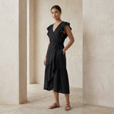 Black Cotton Flax Ruffle Midi Wrap Dress