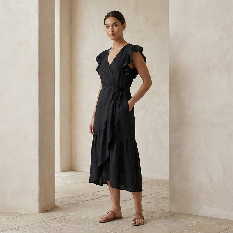 Buy Black Cotton Flax Ruffle Midi Wrap Dress Online at SeamsFriendly Buy Black Cotton Flax Ruffle Midi Wrap Dress Online at SeamsFriendly
