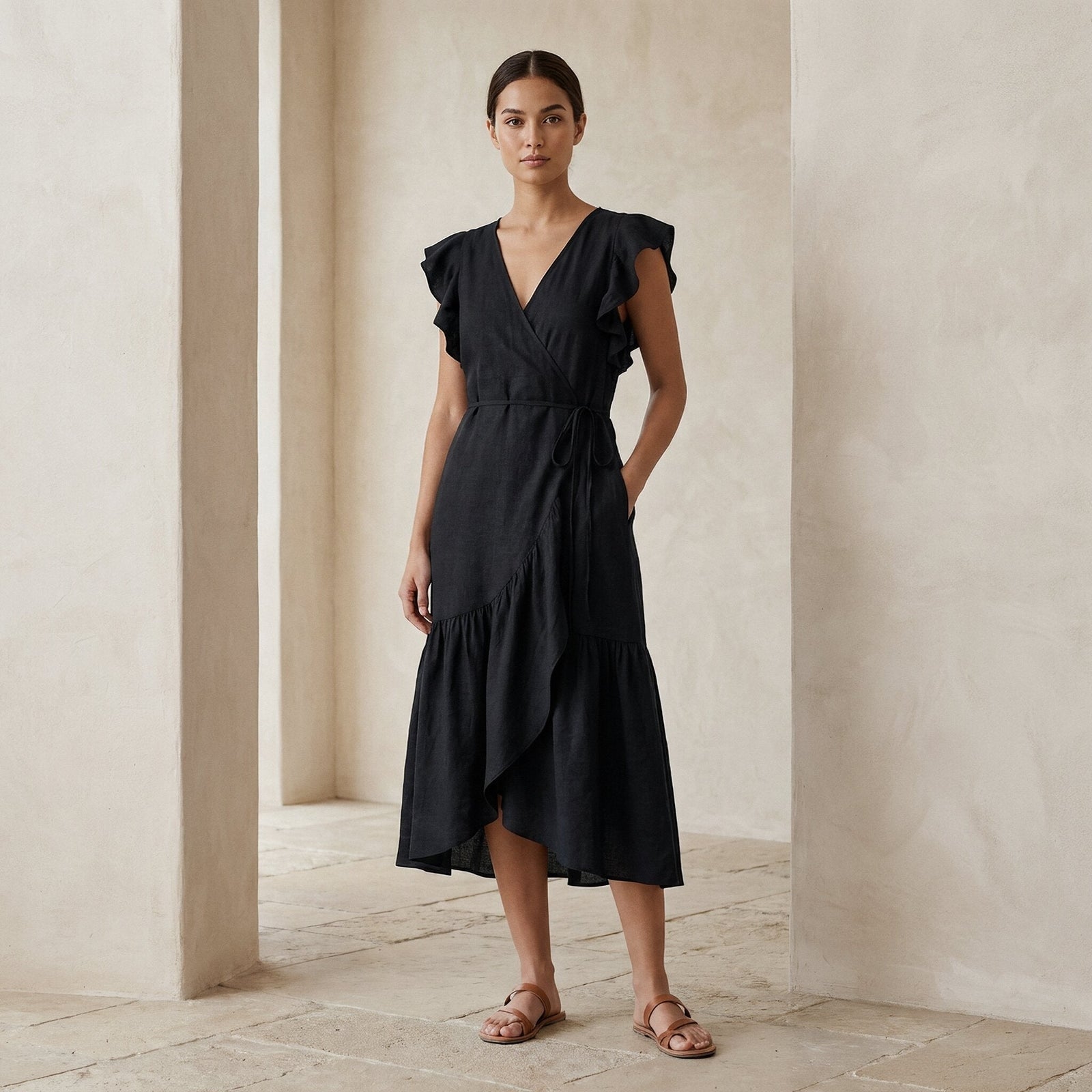 Buy Black Cotton Flax Ruffle Midi Wrap Dress Online at SeamsFriendly Buy Black Cotton Flax Ruffle Midi Wrap Dress Online at SeamsFriendly