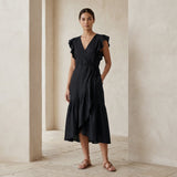Black Cotton Flax Ruffle Midi Wrap Dress