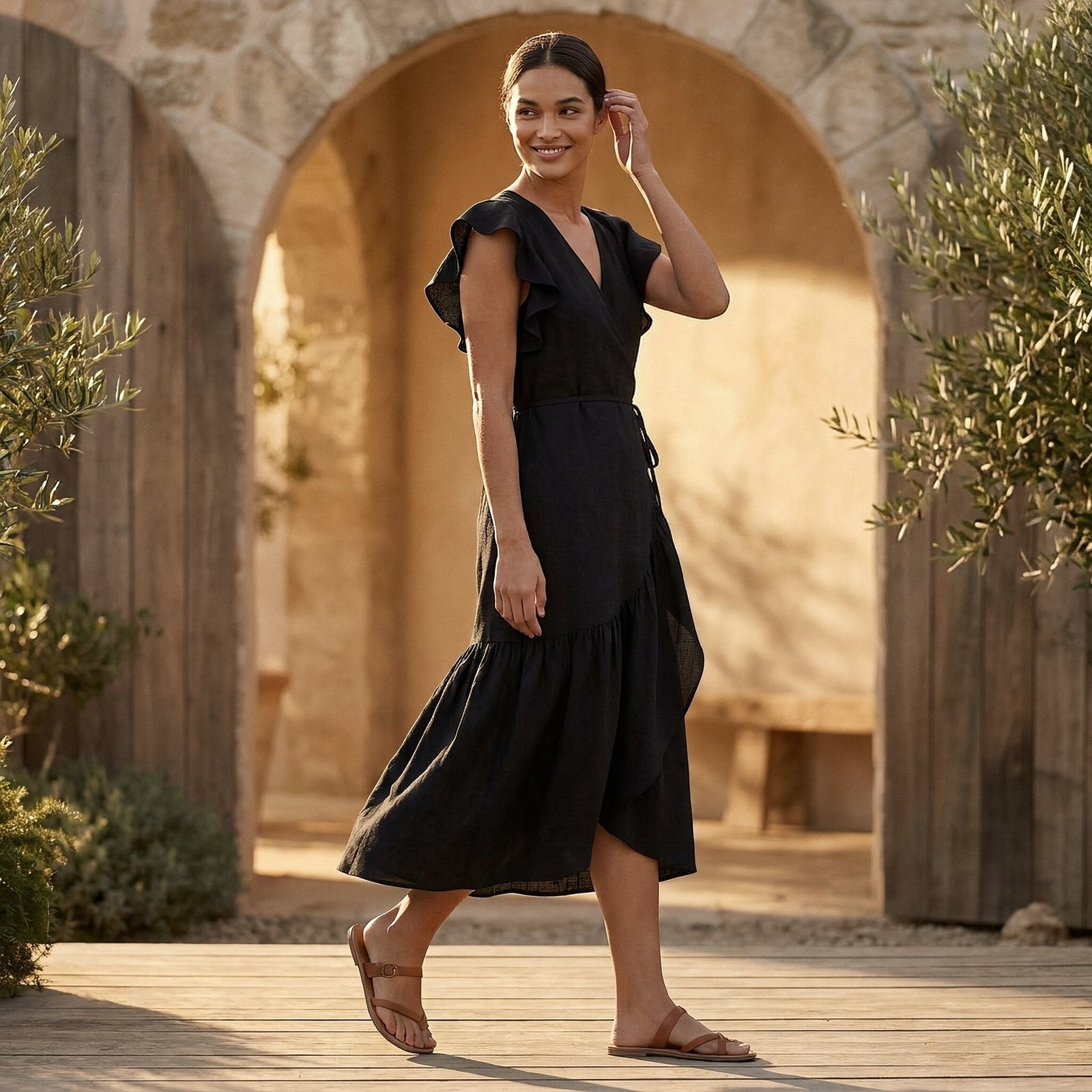 Buy Black Cotton Flax Ruffle Midi Wrap Dress Online at SeamsFriendly Buy Black Cotton Flax Ruffle Midi Wrap Dress Online at SeamsFriendly