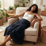 Black Cotton Flax Ruffle Midi Wrap Skirt