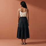 Black Cotton Flax Ruffle Midi Wrap Skirt