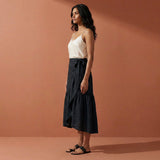 Black Cotton Flax Ruffle Midi Wrap Skirt