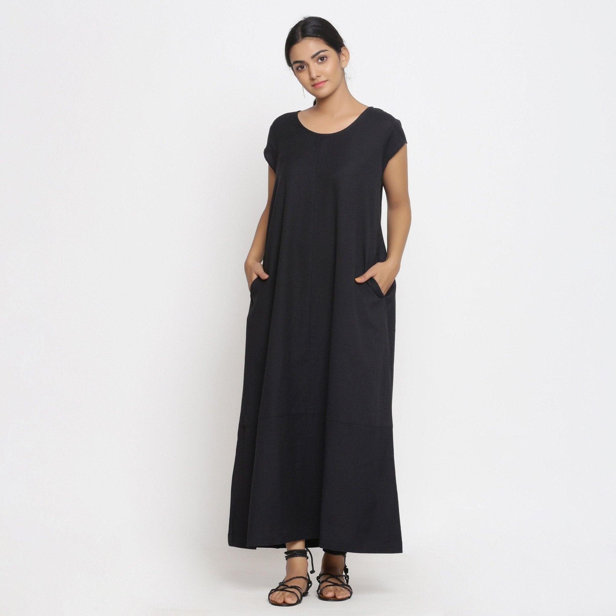 Buy Black Cotton Flax Scoop Neck Paneled Maxi Dress Online at SeamsFriendly
