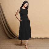 Black Cotton Flax Sleeveless A-Line Midi Dress