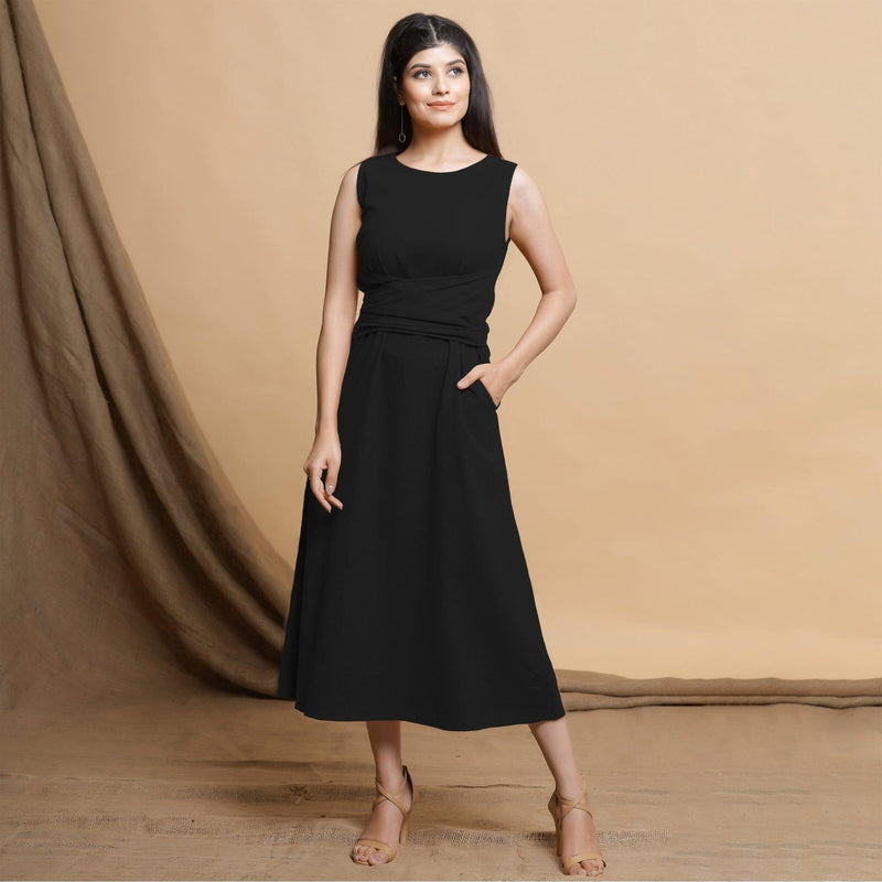 Black Cotton Flax Sleeveless A-Line Midi Dress