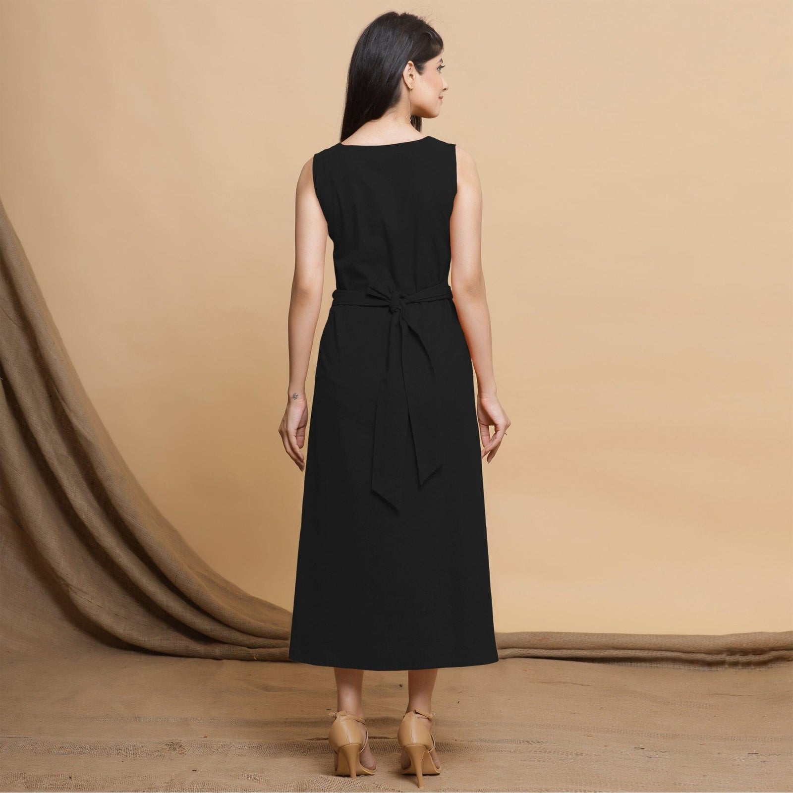 knee length dresses for ladies Button Down Sleeveless Split Hem Linen Midi Dress In Black – Infinity Raine main image 1