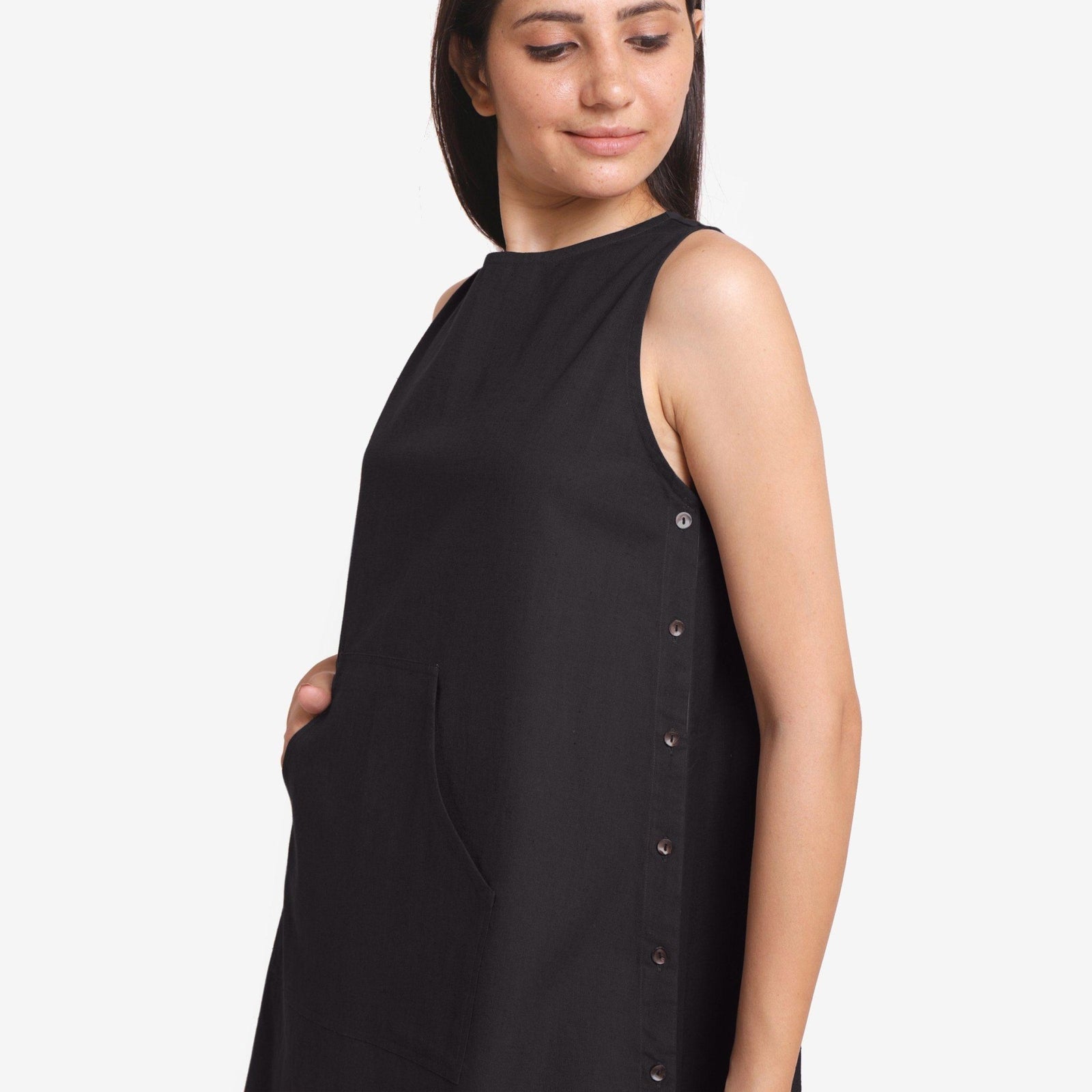Black Cotton Flax Sleeveless A-Line Mini Dress 56" / Custom Height (Free) Black Cotton Flax Sleeveless A-Line Mini Dress 56" / Custom Height (Free)
