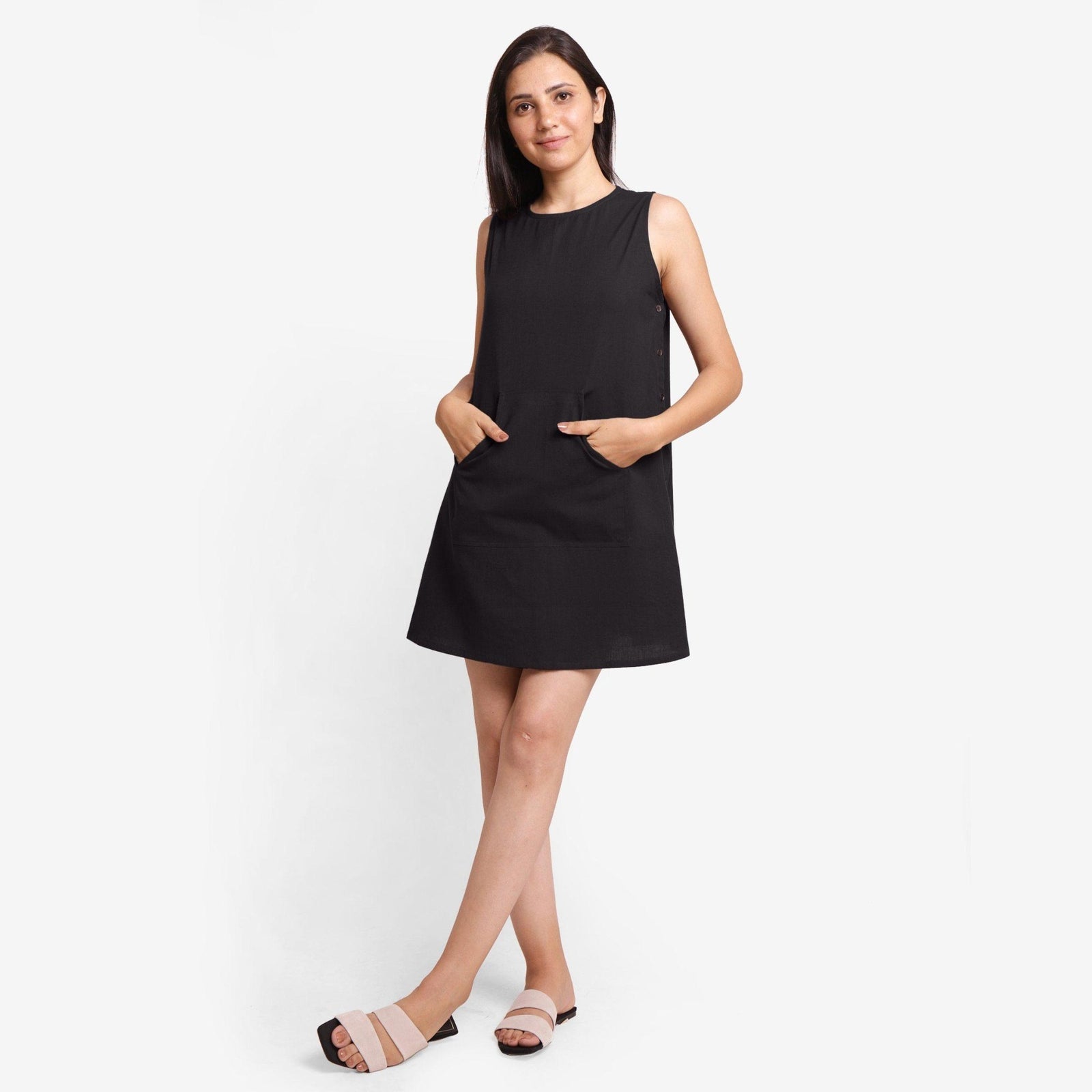 Black Cotton Flax Sleeveless A-Line Mini Dress 32" / Regular (5'2" - 5'6") Black Cotton Flax Sleeveless A-Line Mini Dress 32" / Regular (5'2" - 5'6")
