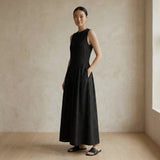 Black Cotton Flax Sleeveless Paneled Maxi Dress