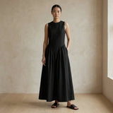 Black Cotton Flax Sleeveless Paneled Maxi Dress