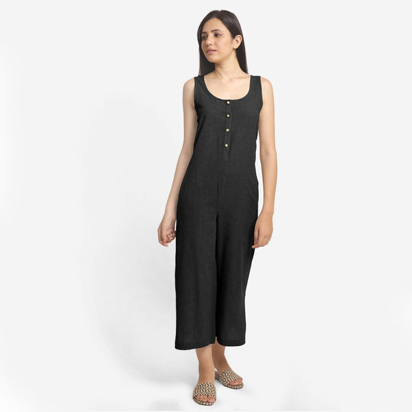 Black Cotton Flax Sleeveless Wide Legged Jumpsuit