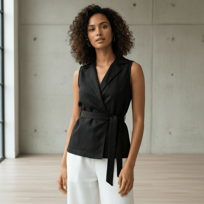 Black Cotton Flax Sleeveless Wrap Top with Belt
