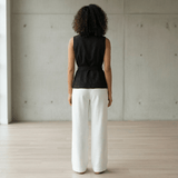 Black Cotton Flax Sleeveless Wrap Top with Belt