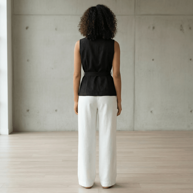 Black Cotton Flax Sleeveless Wrap Top with Belt