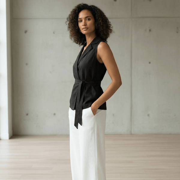 Black Cotton Flax Sleeveless Wrap Top with Belt