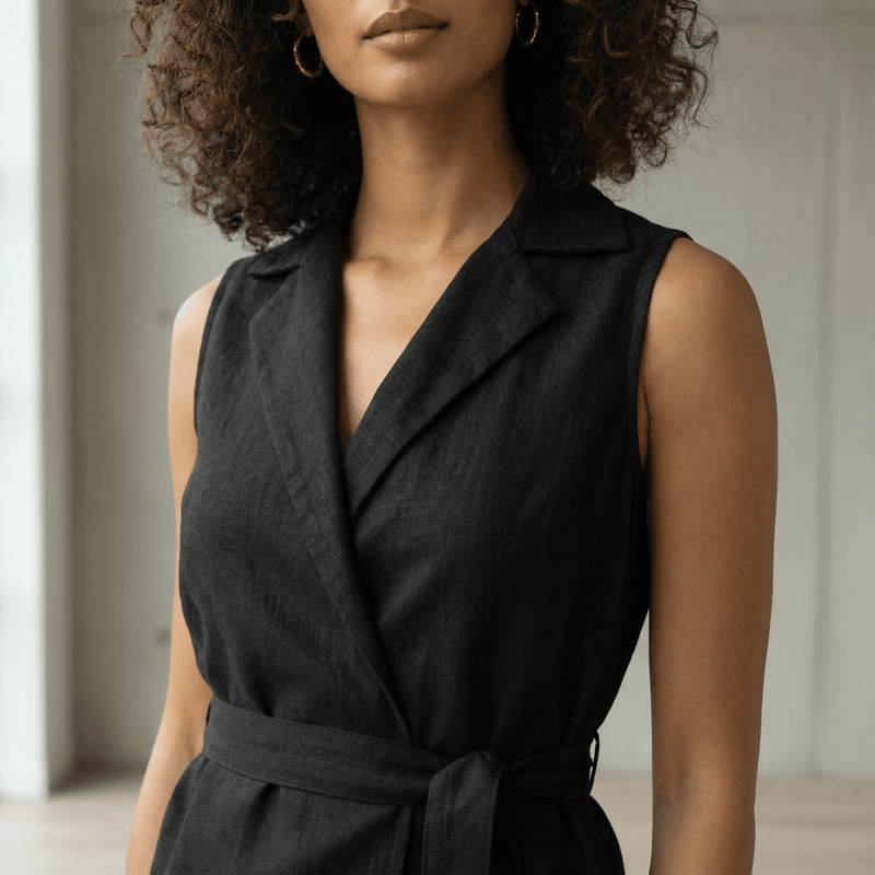 Black Cotton Flax Sleeveless Wrap Top with Belt