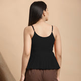 Black Cotton Flax Slim Fit Pleated Camisole Top