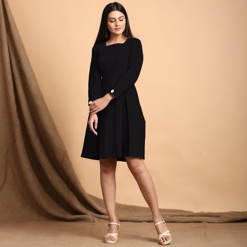 Buy Black Cotton Flax Square Neck Pleated Short Dress Online at SeamsFriendly Buy Black Cotton Flax Square Neck Pleated Short Dress Online at SeamsFriendly
