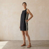 Black Cotton Flax Wavy Stripe Short Shift Dress