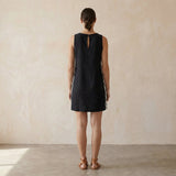 Black Cotton Flax Wavy Stripe Short Shift Dress