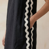 Black Cotton Flax Wavy Stripe Short Shift Dress
