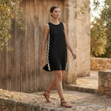 Black Cotton Flax Wavy Stripe Short Shift Dress