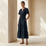 Black Cotton Flutter Sleeve Tie-Back Tiered Midi Dress