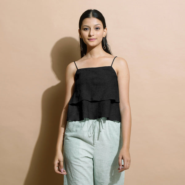 Black Cotton Linen Camisole Crop Top