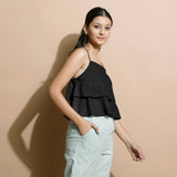 Black Cotton Linen Camisole Crop Top
