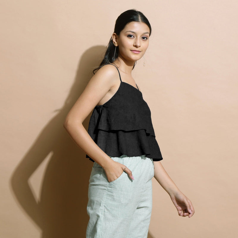 Black Cotton Linen Camisole Crop Top