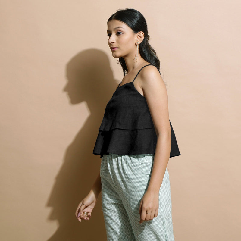 Black Cotton Linen Camisole Crop Top