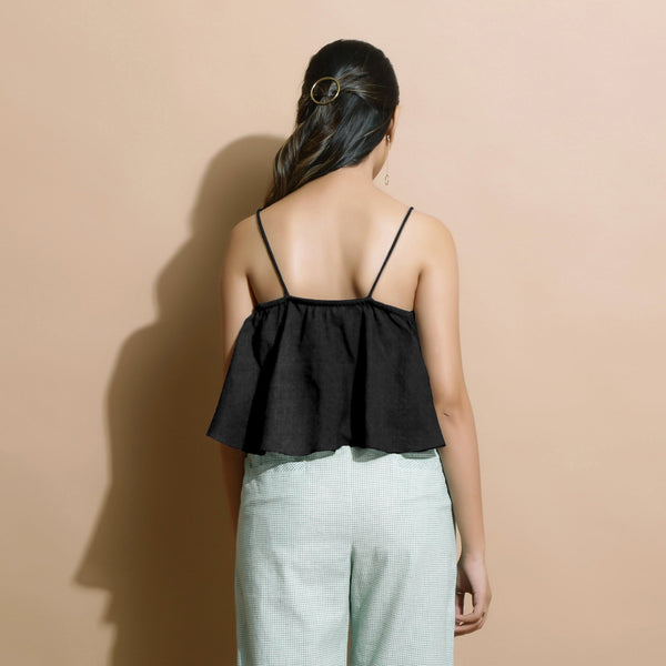 Black Cotton Linen Camisole Crop Top