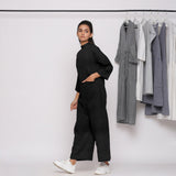 Black Cotton Linen Comfort Fit High Neck Jumpsuit