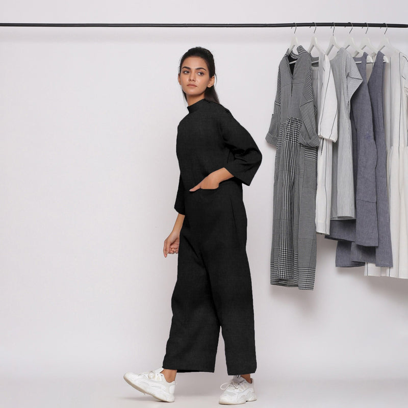 Black Cotton Linen Comfort Fit High Neck Jumpsuit