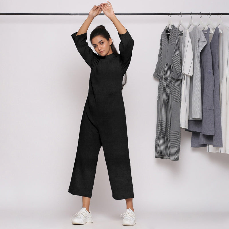 Black Cotton Linen Comfort Fit High Neck Jumpsuit