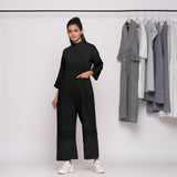 Black Cotton Linen Comfort Fit High Neck Jumpsuit